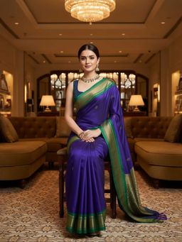 A S CREATION - Cotton Silk Kanchipuram Purple Saree with Unstitched Blouse