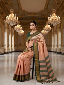 A S CREATION - Cotton Silk Kanchipuram Peach Saree with Unstitched Blouse