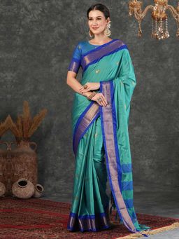 A S CREATION - Cotton Silk Kanchipuram Peacock Green Saree with Unstitched Blouse