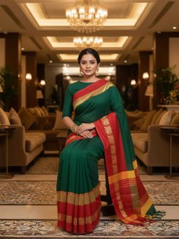 A S CREATION - Cotton Silk Kanchipuram Green Saree with Unstitched Blouse
