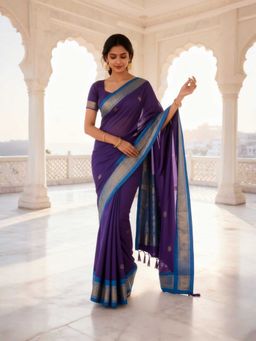 A S CREATION - Cotton Silk Kanchipuram Purple Saree with Unstitched Blouse
