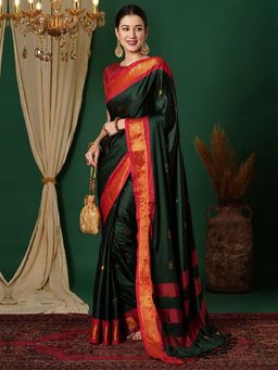 A S CREATION - Cotton Silk Kanchipuram Dark Green Saree with Unstitched Blouse