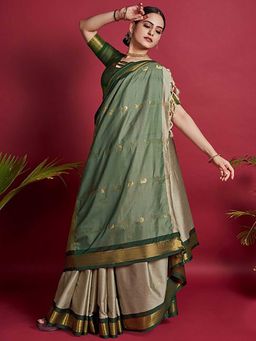 A S CREATION - Cotton Silk Kanchipuram Beige Saree with Unstitched Blouse