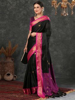 A S CREATION - Cotton Silk Kanchipuram Black Saree with Unstitched Blouse