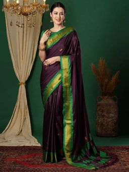 A S CREATION - Cotton Silk Kanchipuram Wine Saree with Unstitched Blouse