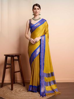 A S CREATION - Cotton Silk Kanchipuram Mustard Saree with Unstitched Blouse