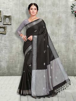 A S CREATION - Cotton Silk Kanchipuram Black Saree with Unstitched Blouse