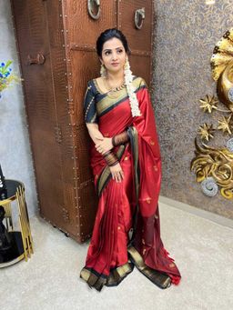 A S CREATION - Cotton Silk Kanchipuram Red Saree with Unstitched Blouse