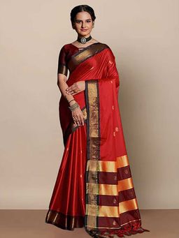 A S CREATION - Cotton Silk Kanchipuram Red Saree with Unstitched Blouse