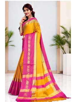 A S CREATION - Cotton Silk Kanchipuram Yellow Saree with Unstitched Blouse