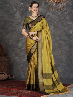 A S CREATION - Cotton Silk Kanchipuram Mustard Saree with Unstitched Blouse