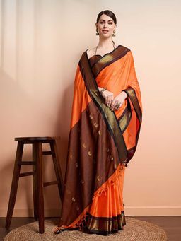 A S CREATION - Cotton Silk Kanchipuram Orange Saree with Unstitched Blouse