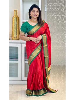 A S CREATION - Cotton Silk Kanchipuram Red Saree with Unstitched Blouse