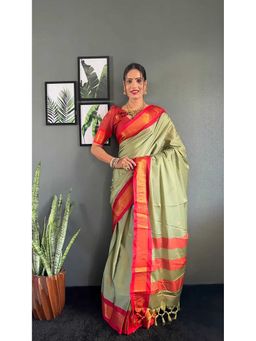 A S CREATION - Cotton Silk Kanchipuram Beige Saree with Unstitched Blouse