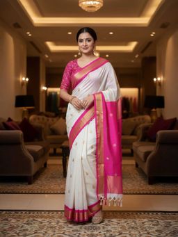 A S CREATION - Cotton Silk Kanchipuram White Saree with Unstitched Blouse