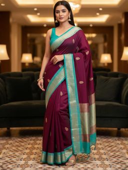 A S CREATION - Cotton Silk Kanchipuram Wine Saree with Unstitched Blouse