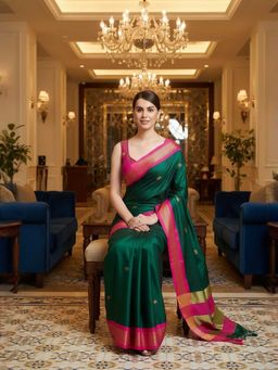 A S CREATION - Cotton Silk Kanchipuram Green Saree with Unstitched Blouse