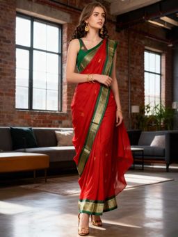 A S CREATION - Cotton Silk Kanchipuram Red Saree with Unstitched Blouse