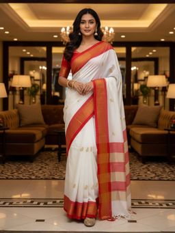 A S CREATION - Cotton Silk Kanchipuram White Saree with Unstitched Blouse