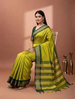 A S CREATION - Cotton Silk Kanchipuram Green Saree with Unstitched Blouse