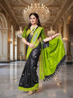 A S CREATION - Cotton Silk Kanchipuram Black Saree with Unstitched Blouse