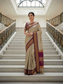 A S CREATION - Cotton Silk Kanchipuram Beige Saree with Unstitched Blouse
