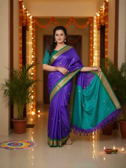 A S CREATION - Cotton Silk Kanchipuram Purple Saree with Unstitched Blouse