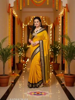 A S CREATION - Cotton Silk Kanchipuram Mustard Saree with Unstitched Blouse