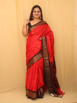 A S CREATION - Cotton Silk Kanchipuram Red Saree with Unstitched Blouse
