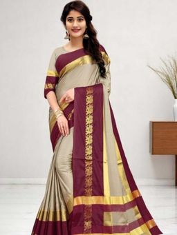 A S CREATION - Cotton Silk Kanchipuram Grey Saree with Unstitched Blouse