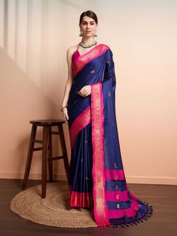 A S CREATION - Cotton Silk Kanchipuram Navy Blue Saree with Unstitched Blouse