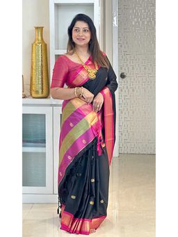 A S CREATION - Cotton Silk Kanchipuram Black Saree with Unstitched Blouse