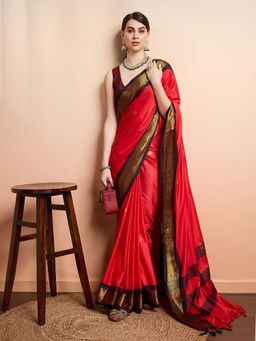 A S CREATION - Cotton Silk Kanchipuram Red Saree with Unstitched Blouse