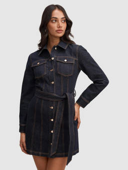 Forever New - Blue Solid Cotton A-Line Dress with Belt