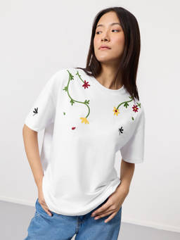 The Souled Store - White Typography Pure Cotton Oversized T-Shirt