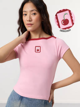 The Souled Store - Pink Embroidered Cotton/Elastane Slim Top