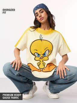 The Souled Store - Cream Printed Pure Cotton Oversized T-Shirt