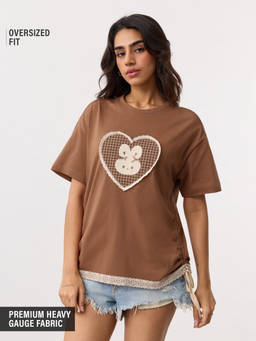 The Souled Store - Brown Embroidered Pure Cotton Oversized T-Shirt