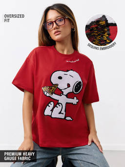 The Souled Store - Red Printed Pure Cotton Oversized T-Shirt