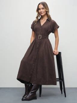 U.S. POLO ASSN. - Brown Solid Polyester Regular Dress with Belt