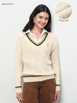 U.S. POLO ASSN. - Beige Self Design Cotton Regular Sweater