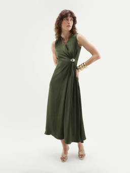 RAREISM - Olive Solid Polyester Flared Dress