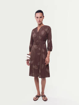 RAREISM - Brown Floral Viscose A-Line Dress with Belt