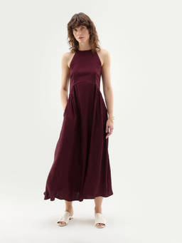 RAREISM - Maroon Solid Viscose Blend A-Line Dress