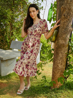 PINACOLADA - Womens Crimson Beige Ruffle Floral Dress
