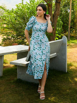 Campus Sutra - Womens Icy Blue Botanical Slit Midi Dress