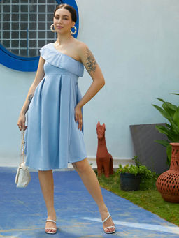 PINACOLADA - Womens Sky Blue One-Shoulder Ruffle Knee Length Dress