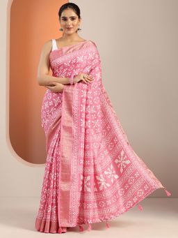 Libas - Womens Pink Printed Silk Blend Saree with Unstitched Blouse