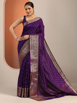 Libas - Womens Purple Woven Design Silk Blend Saree with Unstitched Blouse