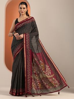 Libas - Womens Black Printed Cotton Blend Saree with Unstitched Blouse
